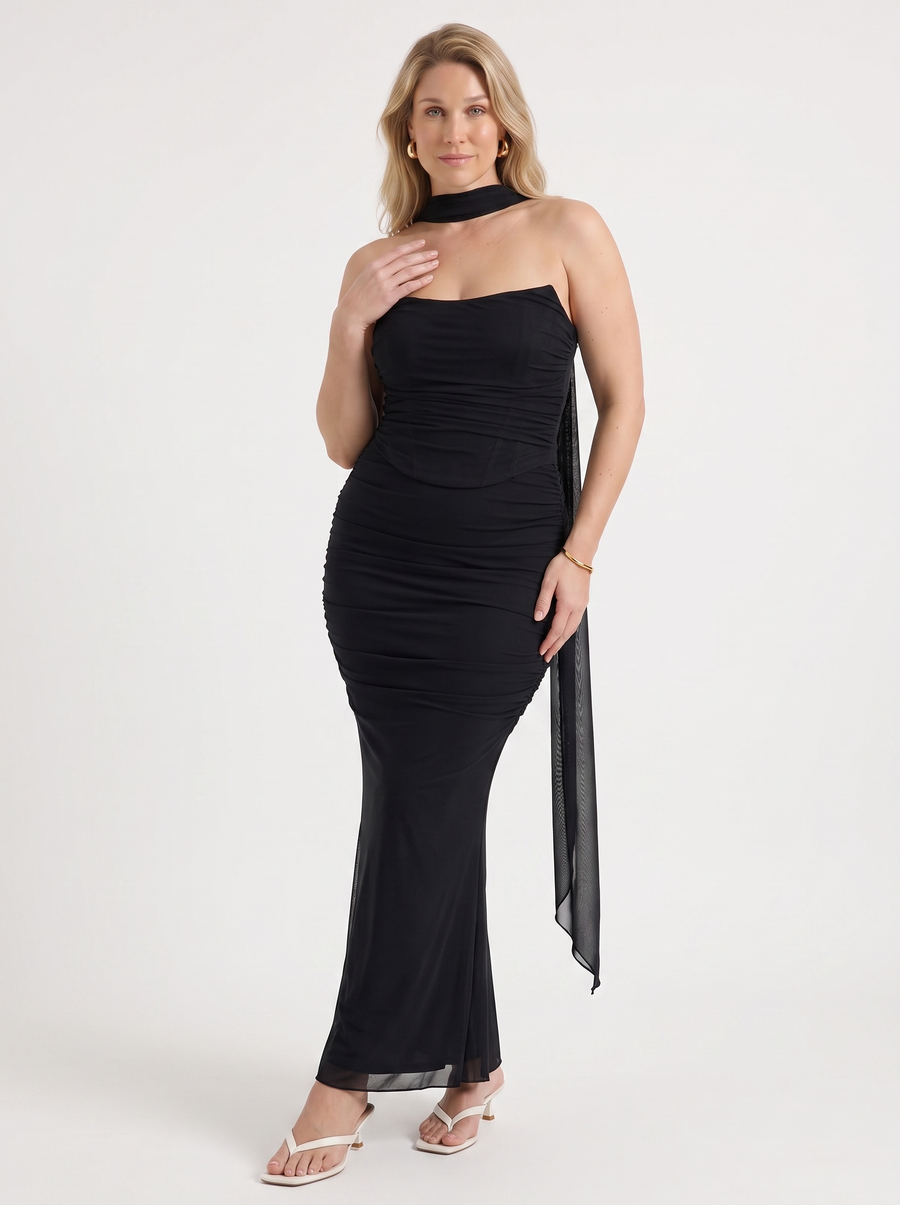 Ondine Scarf Collar Strapless Maxi Dress