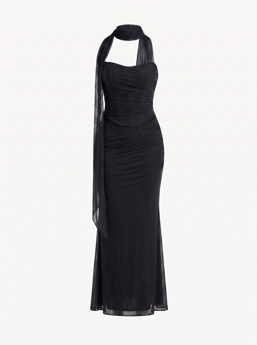 Ondine Scarf Collar Strapless Maxi Dress