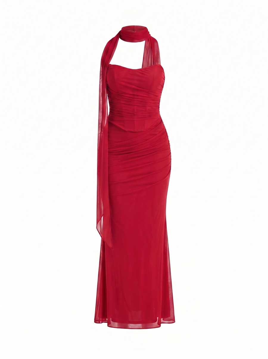 Ondine Scarf Collar Strapless Maxi Dress