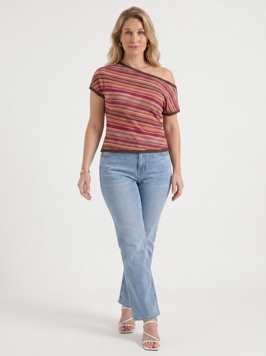 Jolie Striped Asymmetric Shoulder Knit Top
