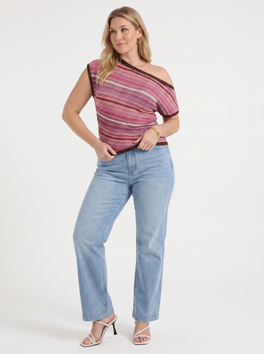 Jolie Striped Asymmetric Shoulder Knit Top
