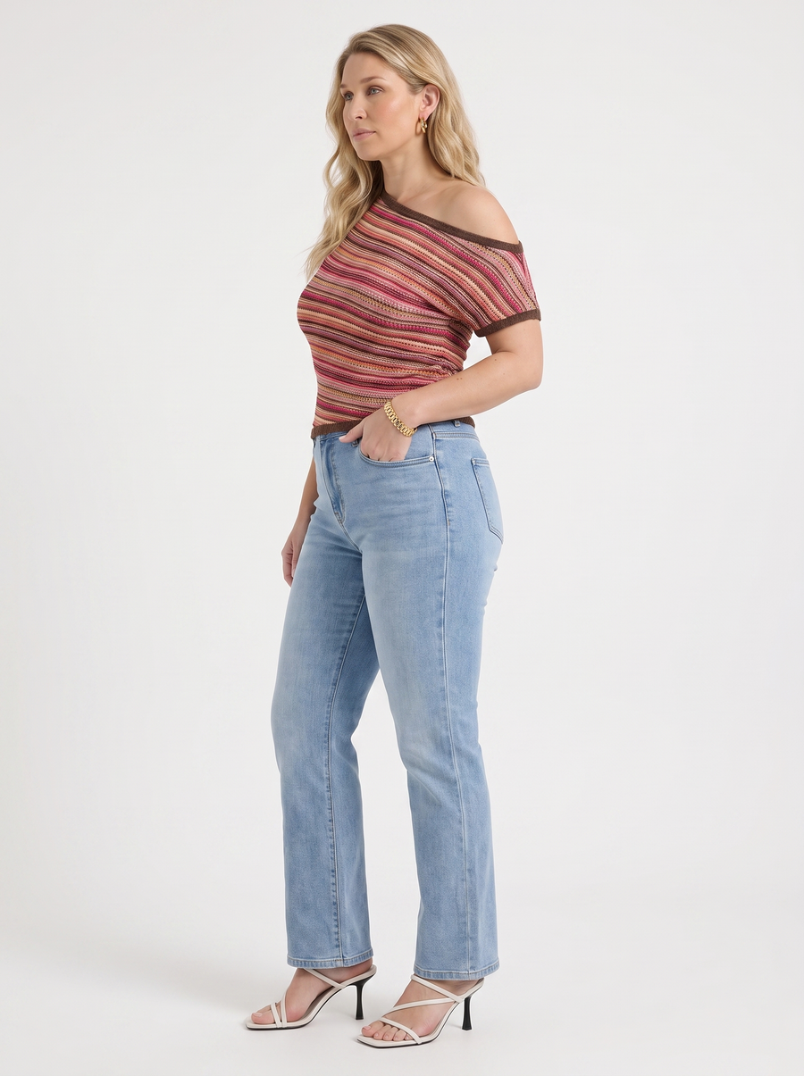 Jolie Striped Asymmetric Shoulder Knit Top