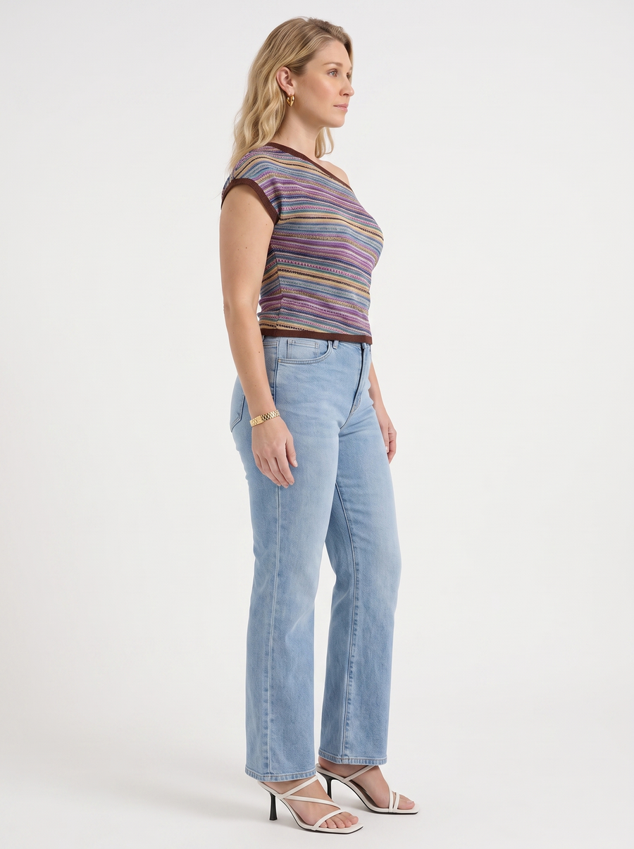 Jolie Striped Asymmetric Shoulder Knit Top