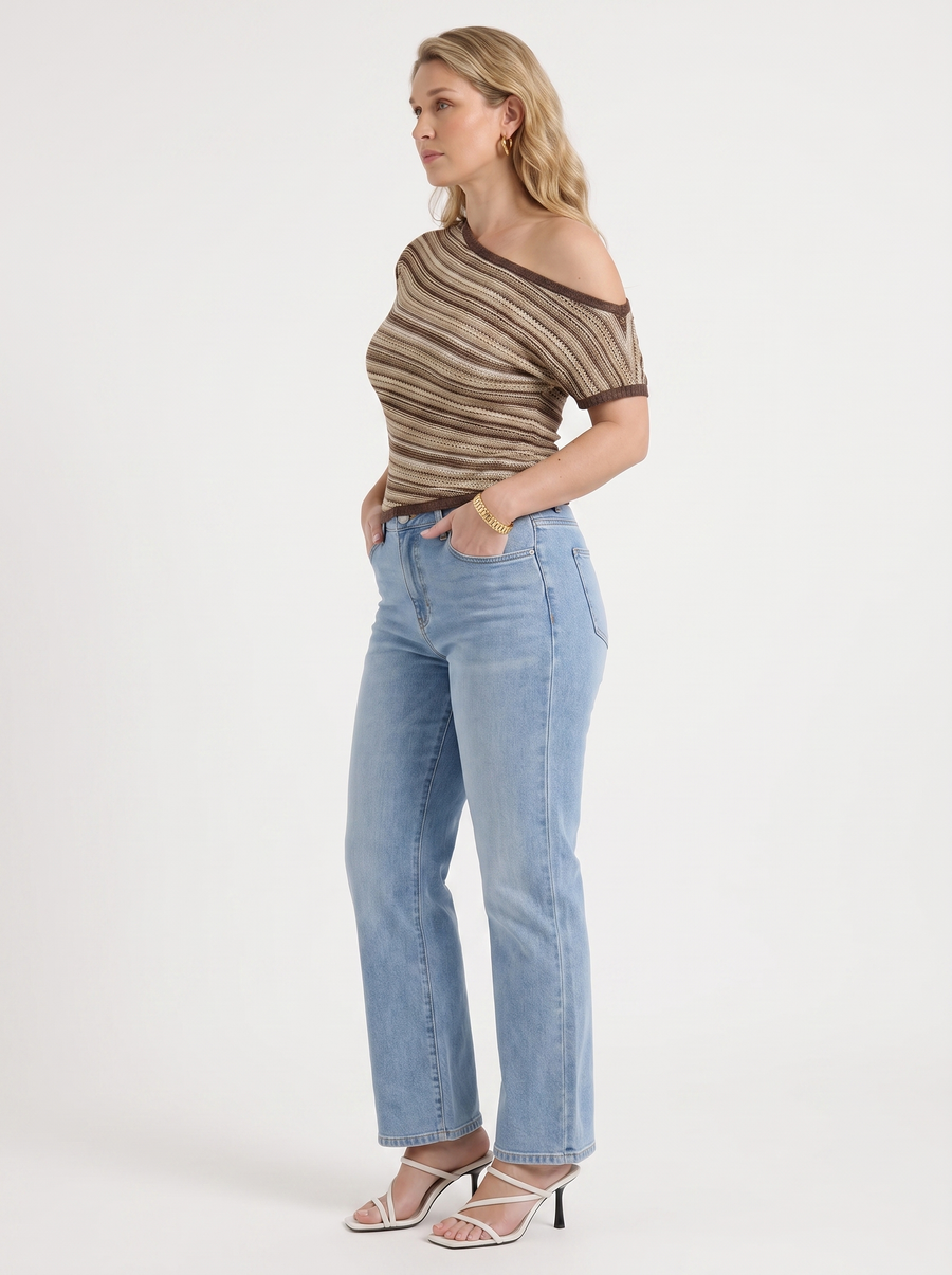 Jolie Striped Asymmetric Shoulder Knit Top