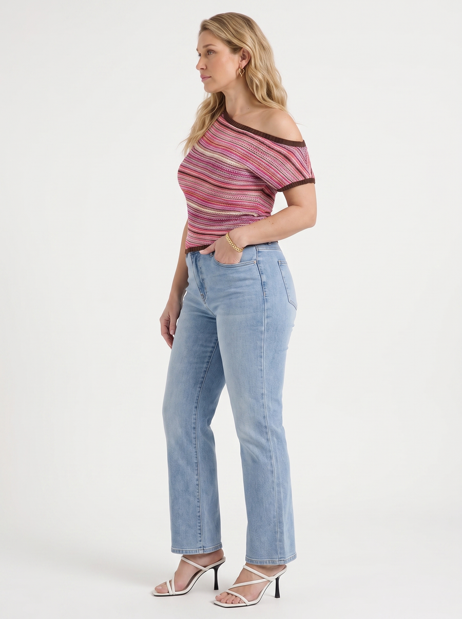Jolie Striped Asymmetric Shoulder Knit Top