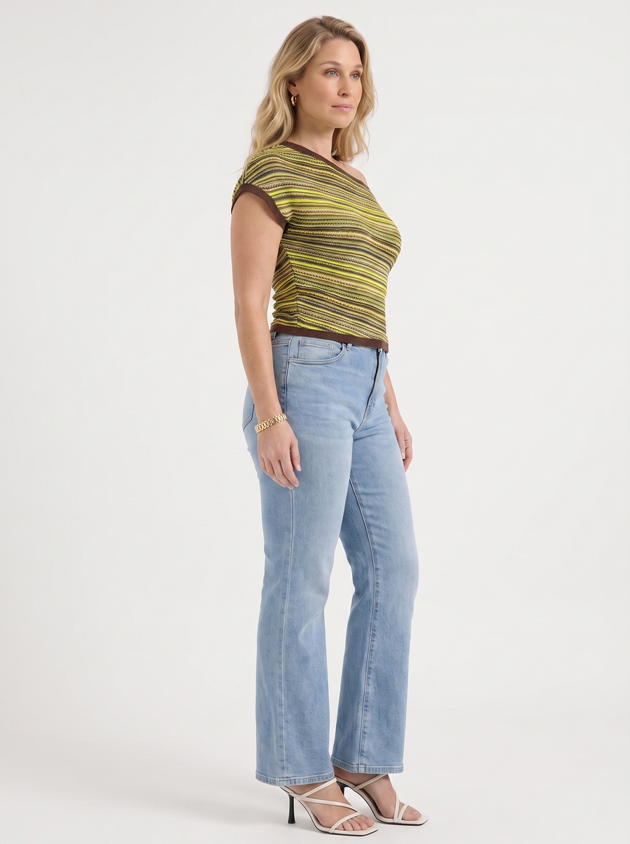 Jolie Striped Asymmetric Shoulder Knit Top