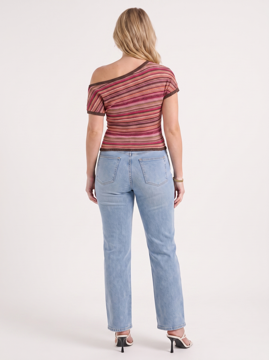 Jolie Striped Asymmetric Shoulder Knit Top