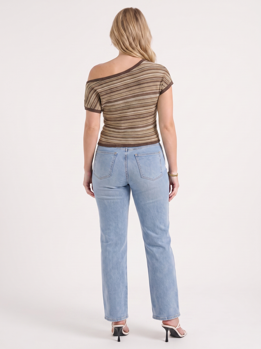 Jolie Striped Asymmetric Shoulder Knit Top