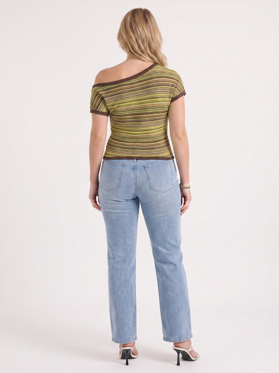Jolie Striped Asymmetric Shoulder Knit Top