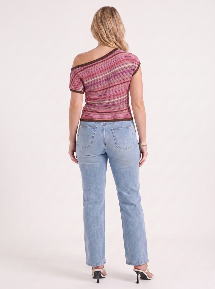 Jolie Striped Asymmetric Shoulder Knit Top
