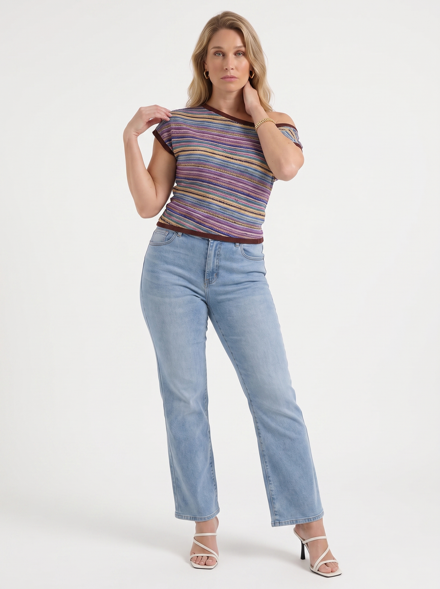 Jolie Striped Asymmetric Shoulder Knit Top