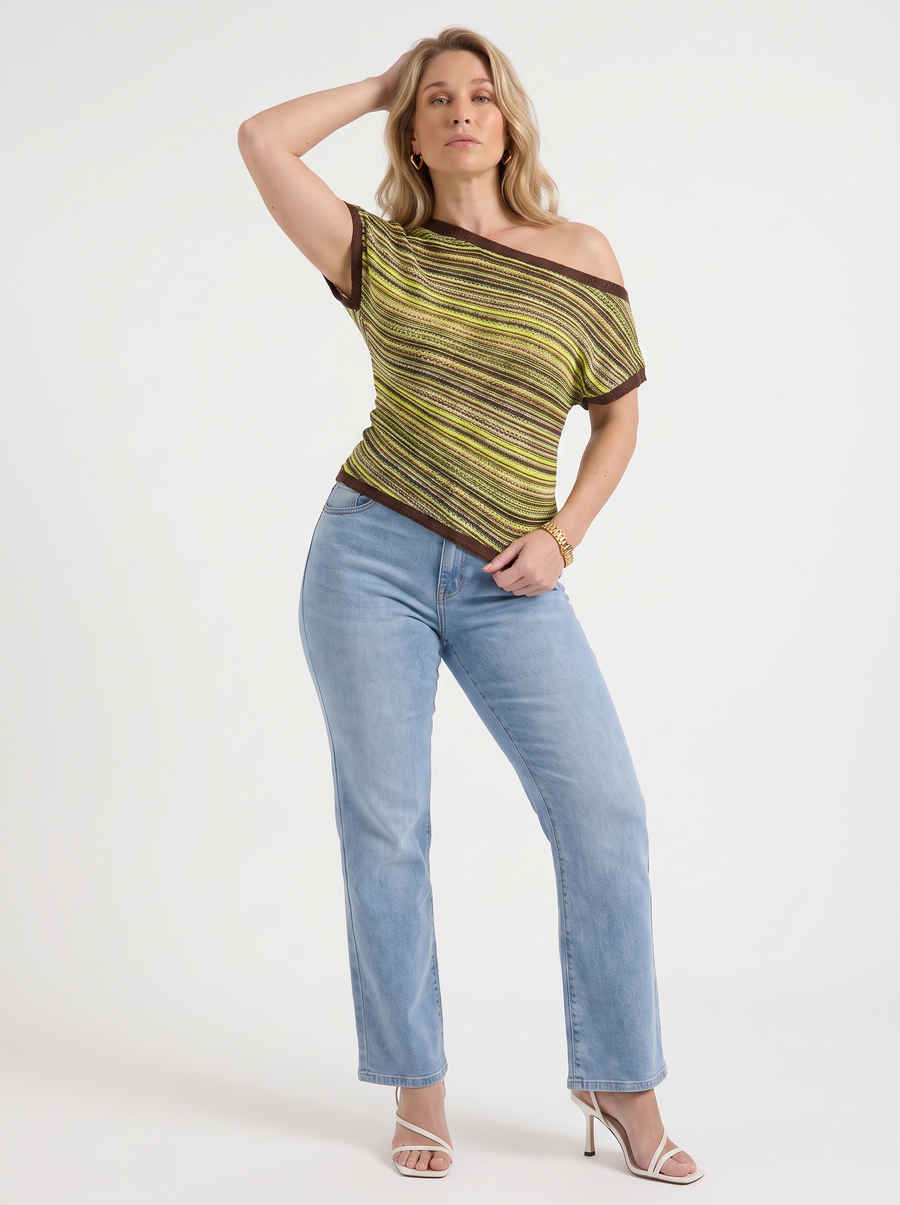 Jolie Striped Asymmetric Shoulder Knit Top