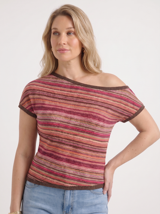 Jolie Striped Asymmetric Shoulder Knit Top
