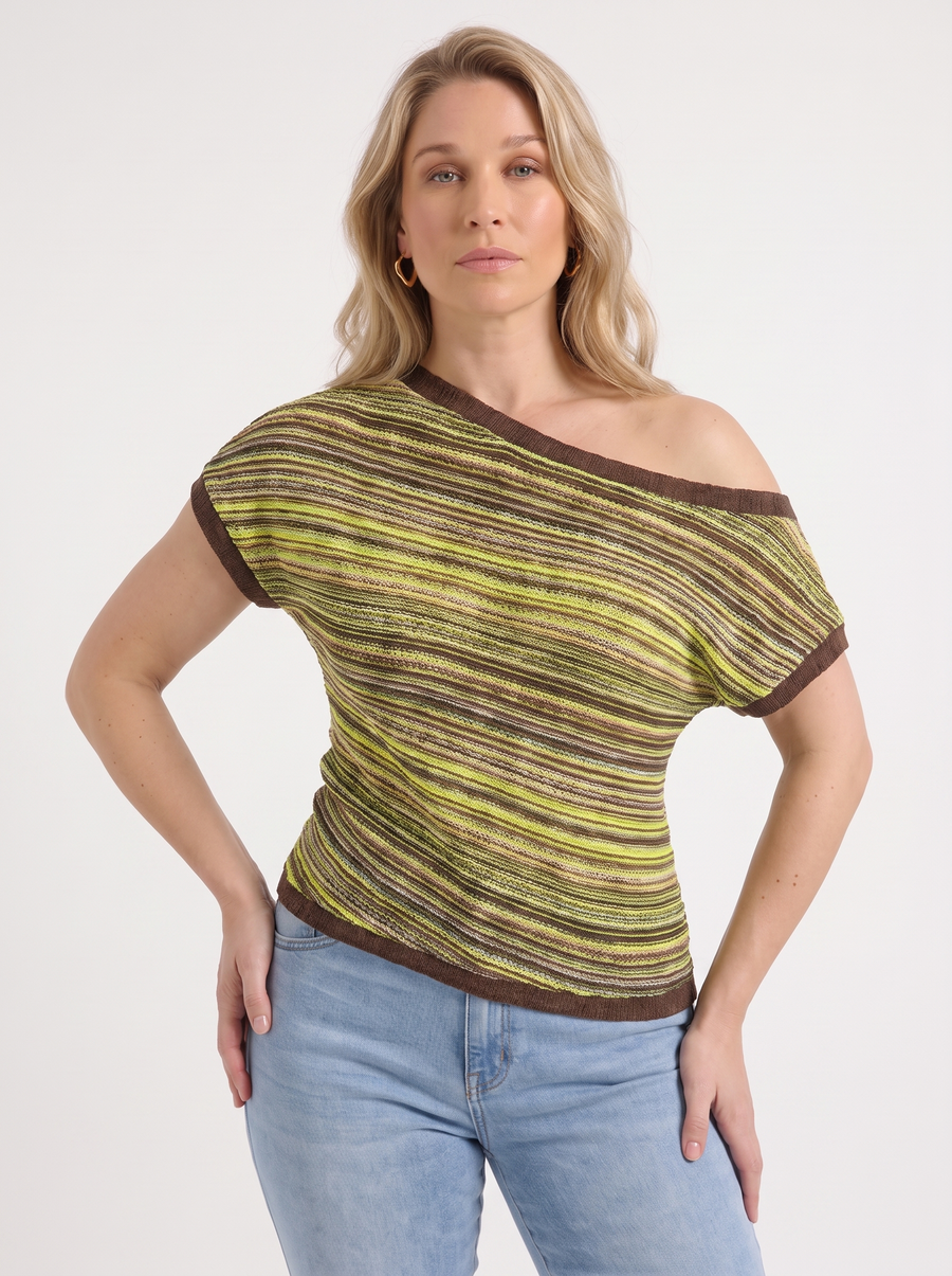 Jolie Striped Asymmetric Shoulder Knit Top