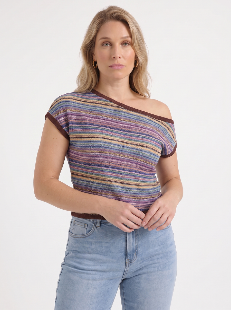 Jolie Striped Asymmetric Shoulder Knit Top