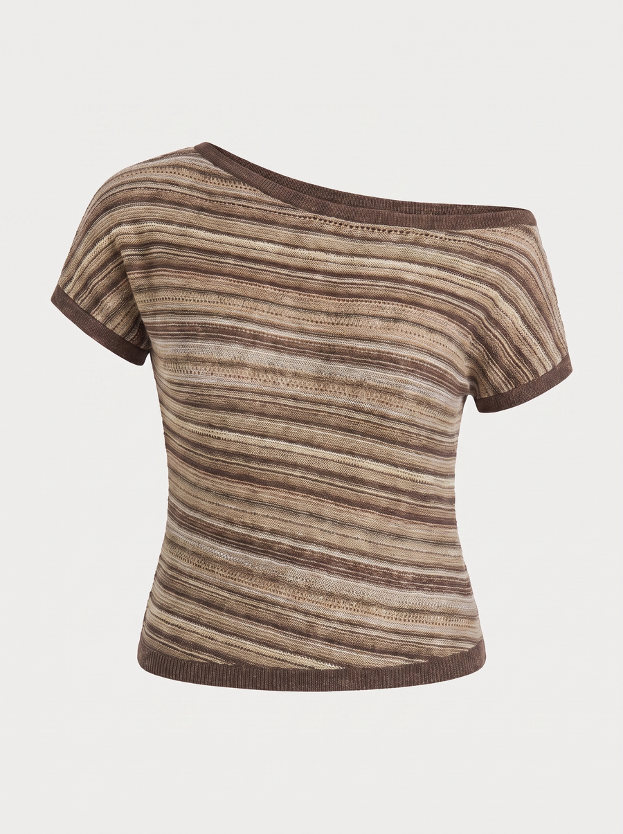 Jolie Striped Asymmetric Shoulder Knit Top