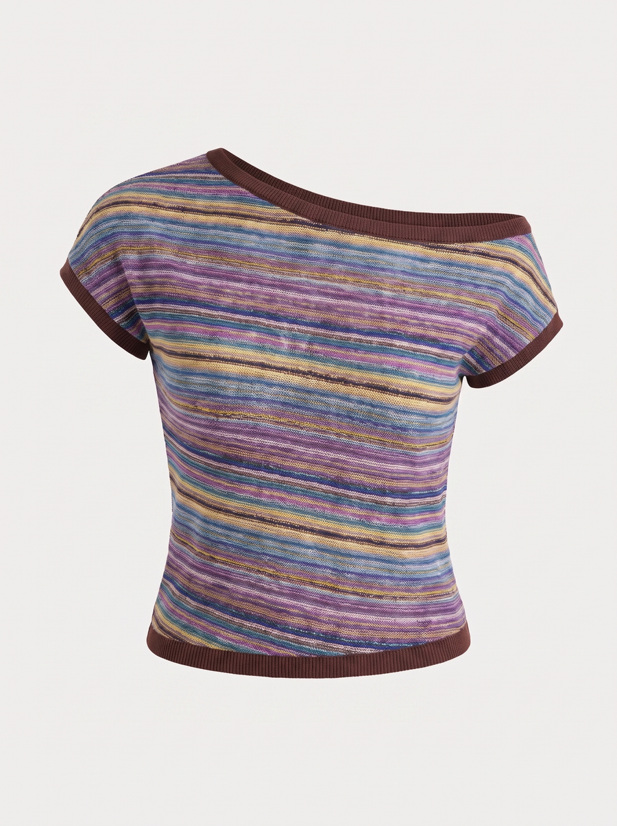 Jolie Striped Asymmetric Shoulder Knit Top