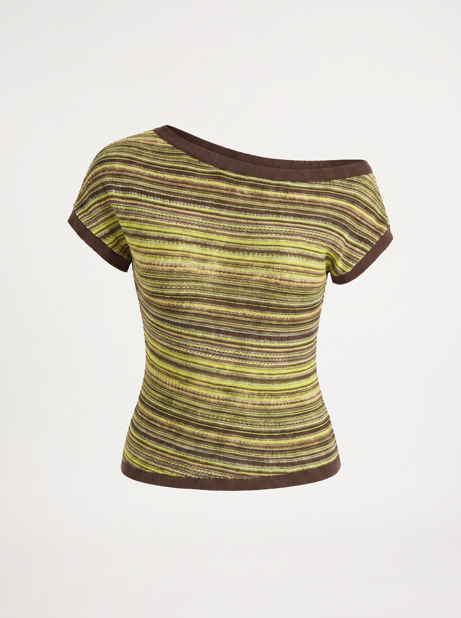 Jolie Striped Asymmetric Shoulder Knit Top