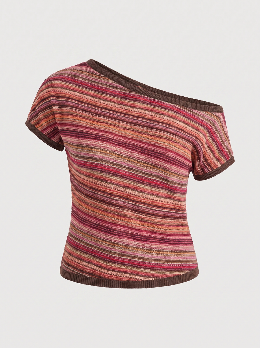 Jolie Striped Asymmetric Shoulder Knit Top