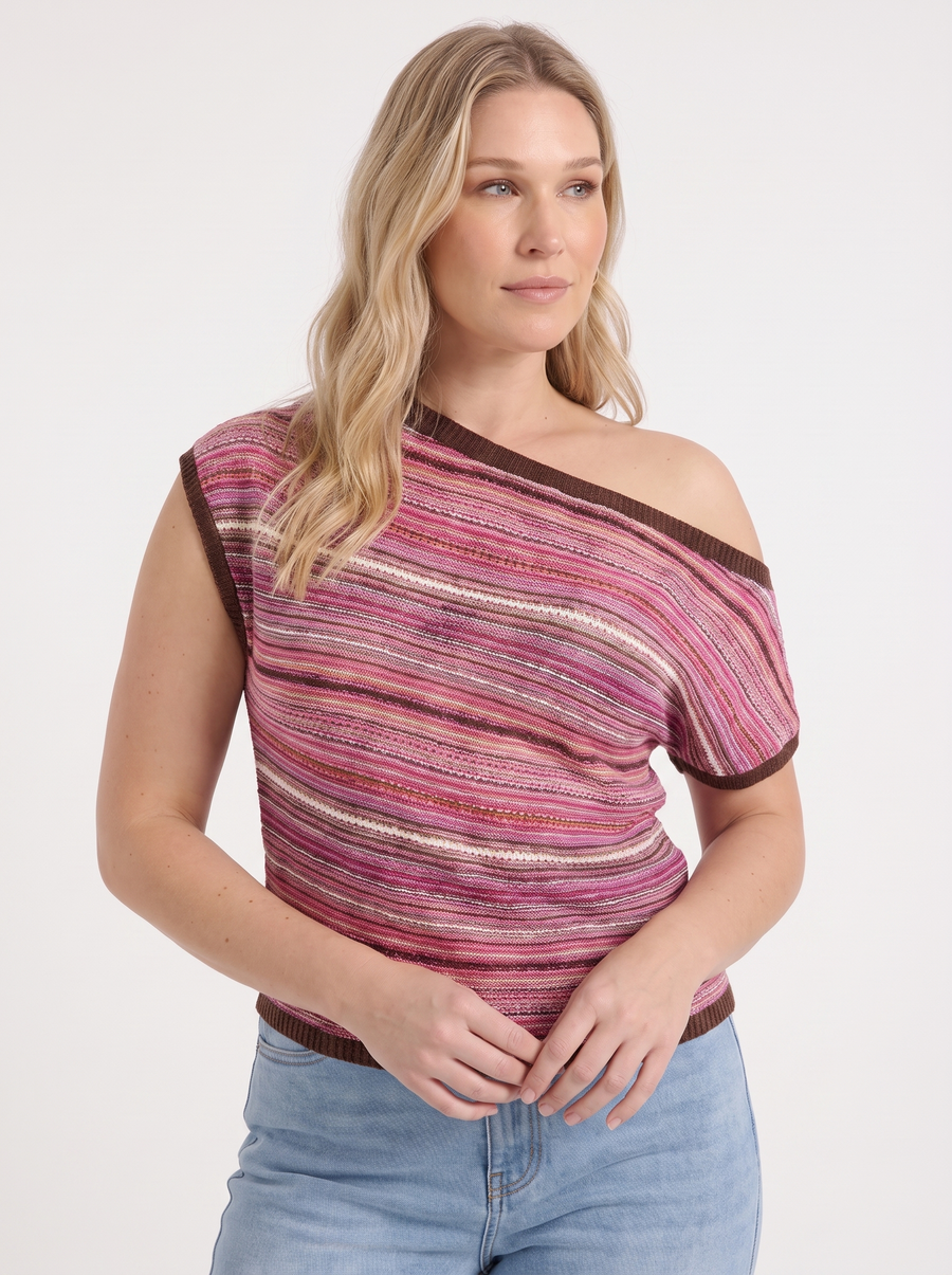 Jolie Striped Asymmetric Shoulder Knit Top