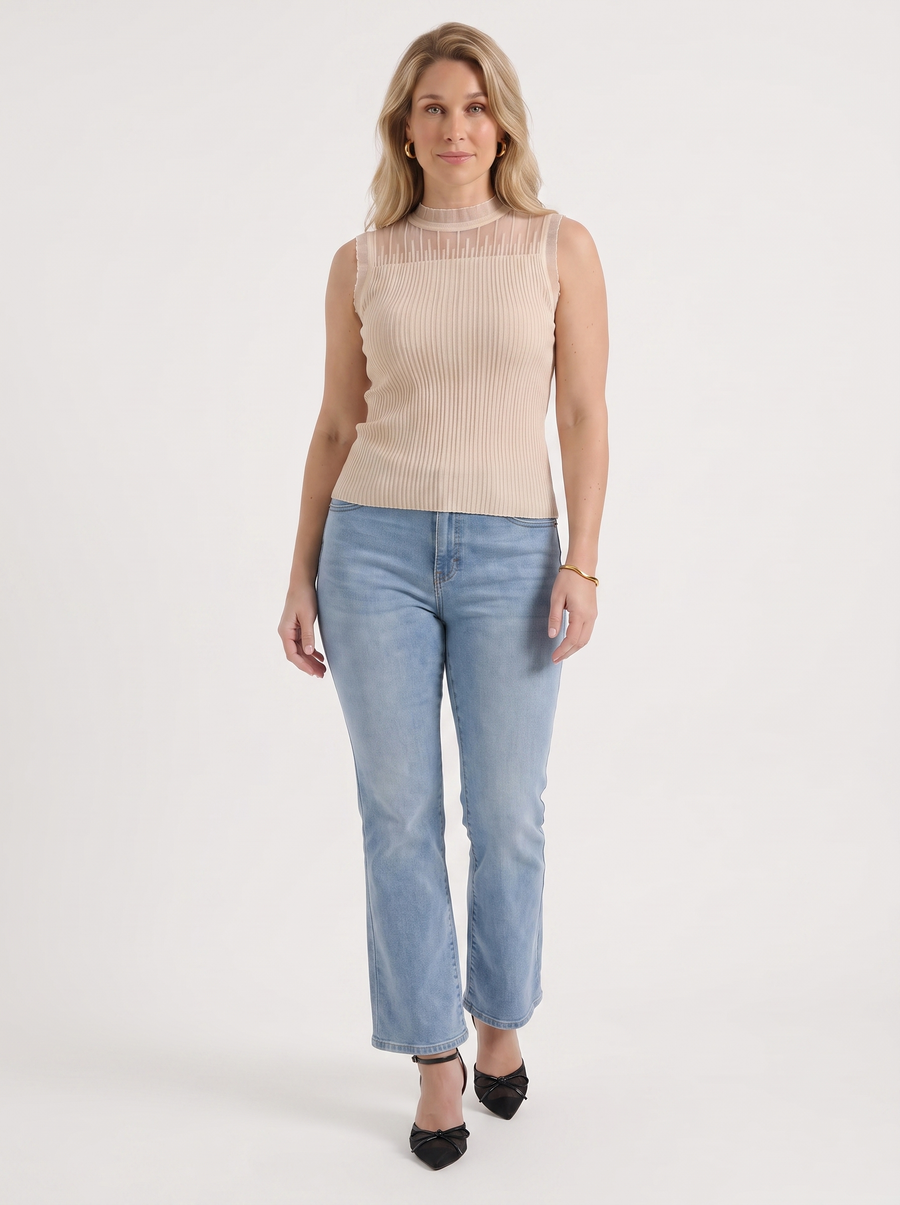 Lena Mesh Stand Collar Ribbed Top
