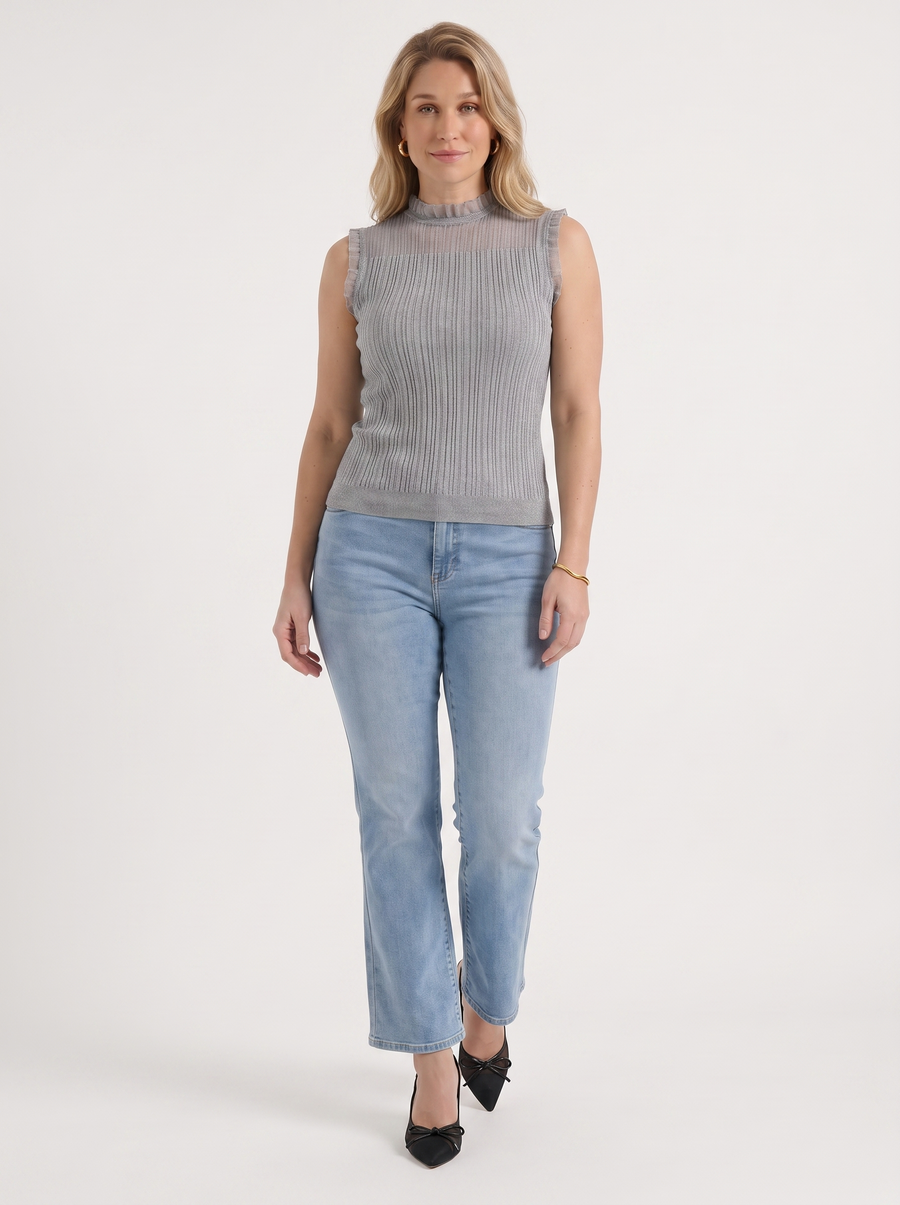 Lena Mesh Stand Collar Ribbed Top