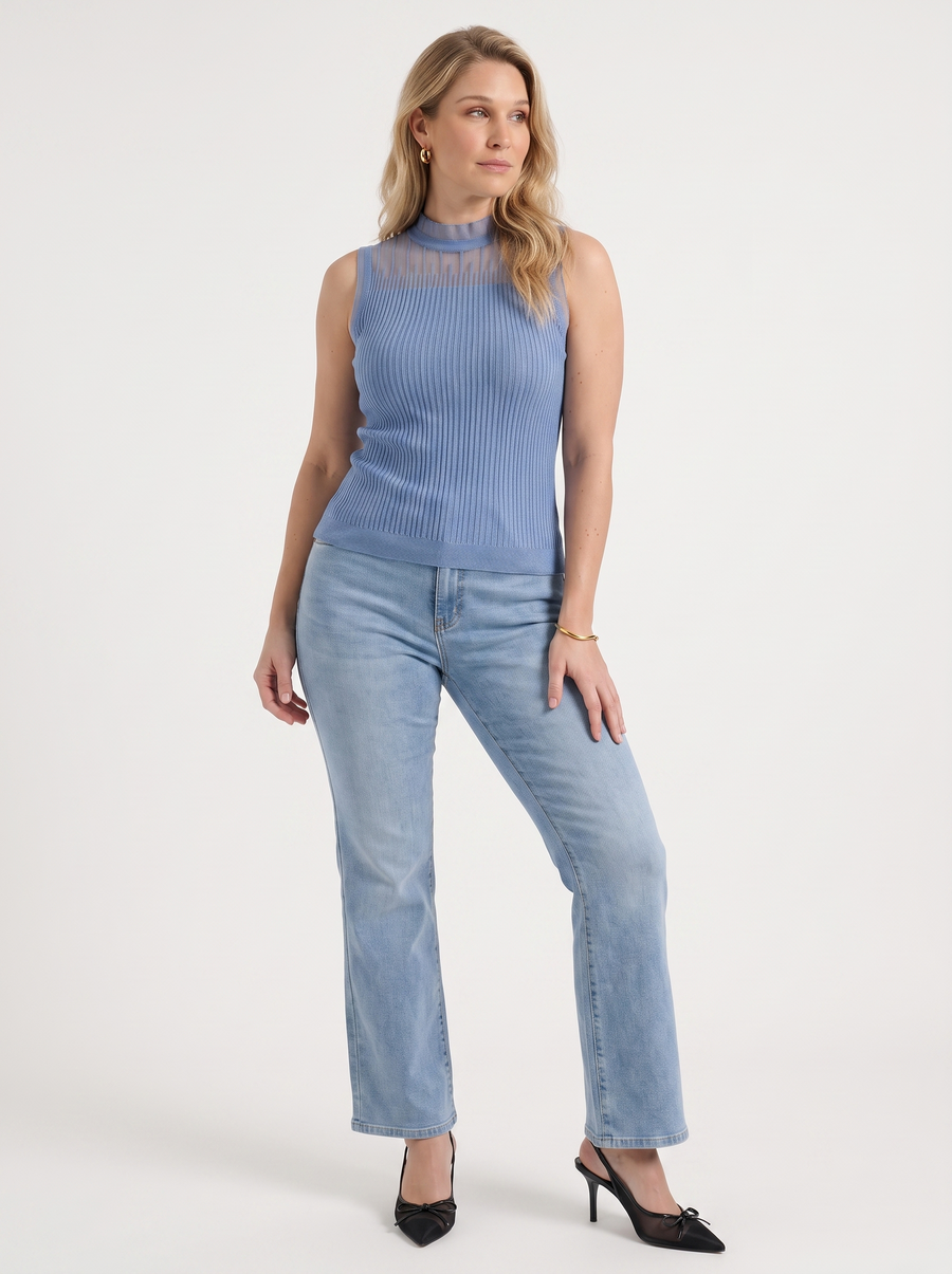 Lena Mesh Stand Collar Ribbed Top