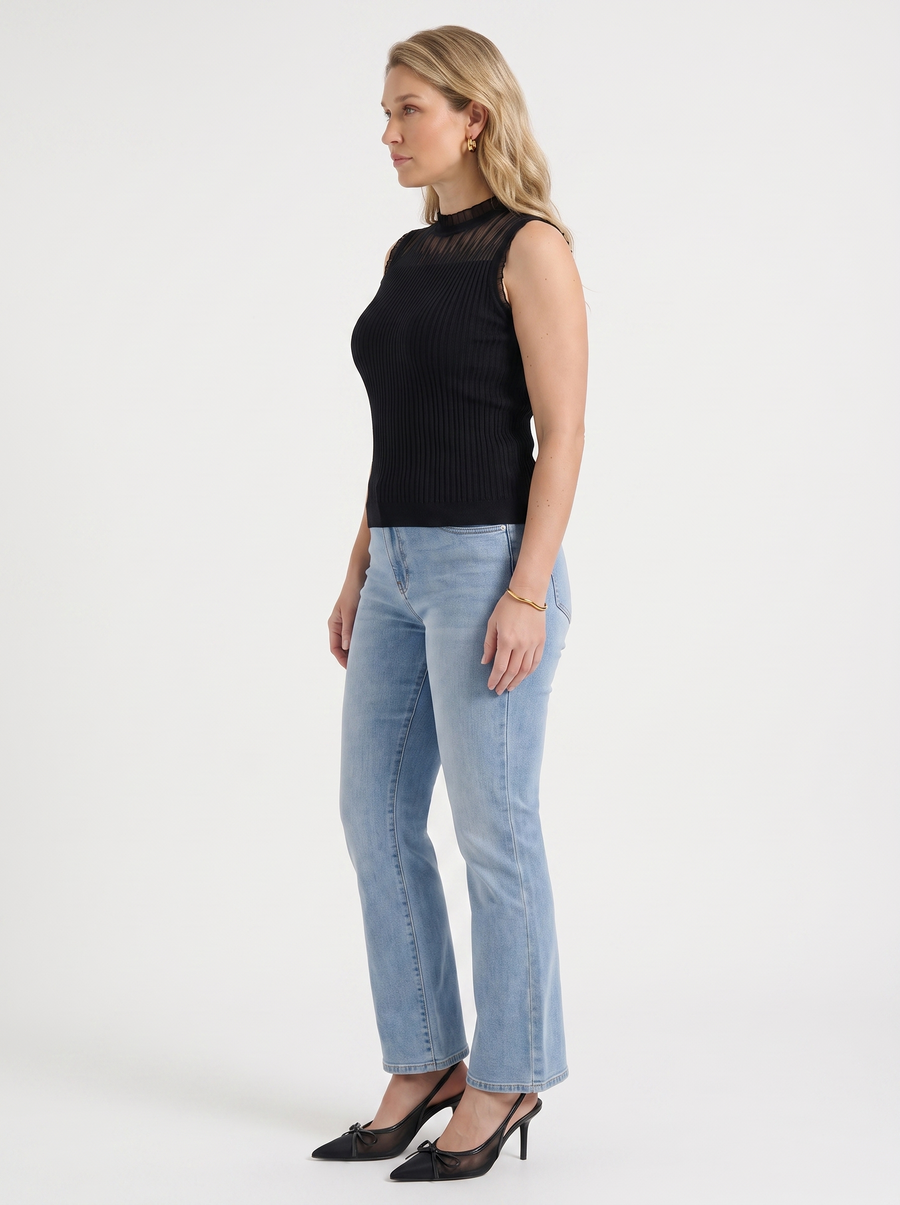 Lena Mesh Stand Collar Ribbed Top