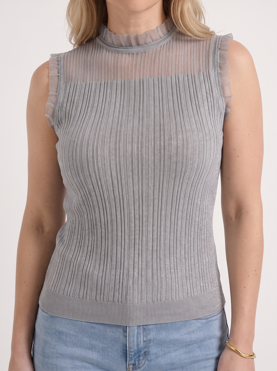 Lena Mesh Stand Collar Ribbed Top