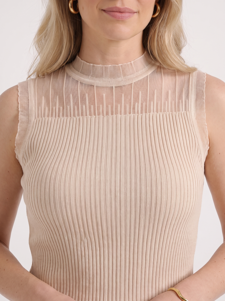 Lena Mesh Stand Collar Ribbed Top