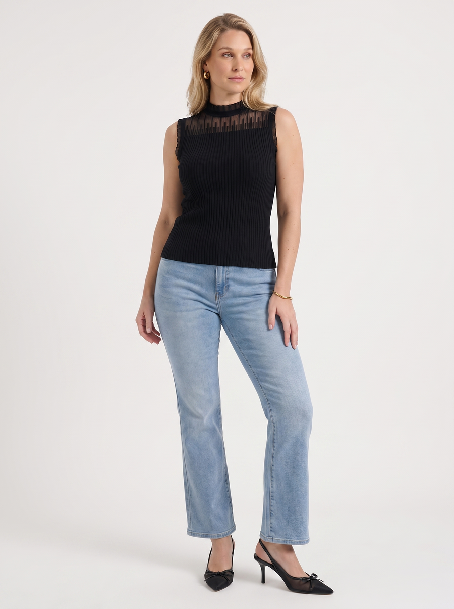 Lena Mesh Stand Collar Ribbed Top