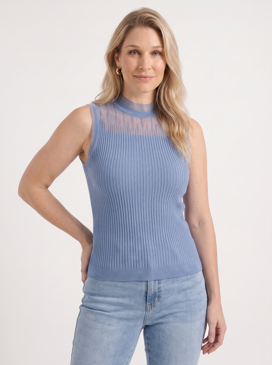 Lena Mesh Stand Collar Ribbed Top