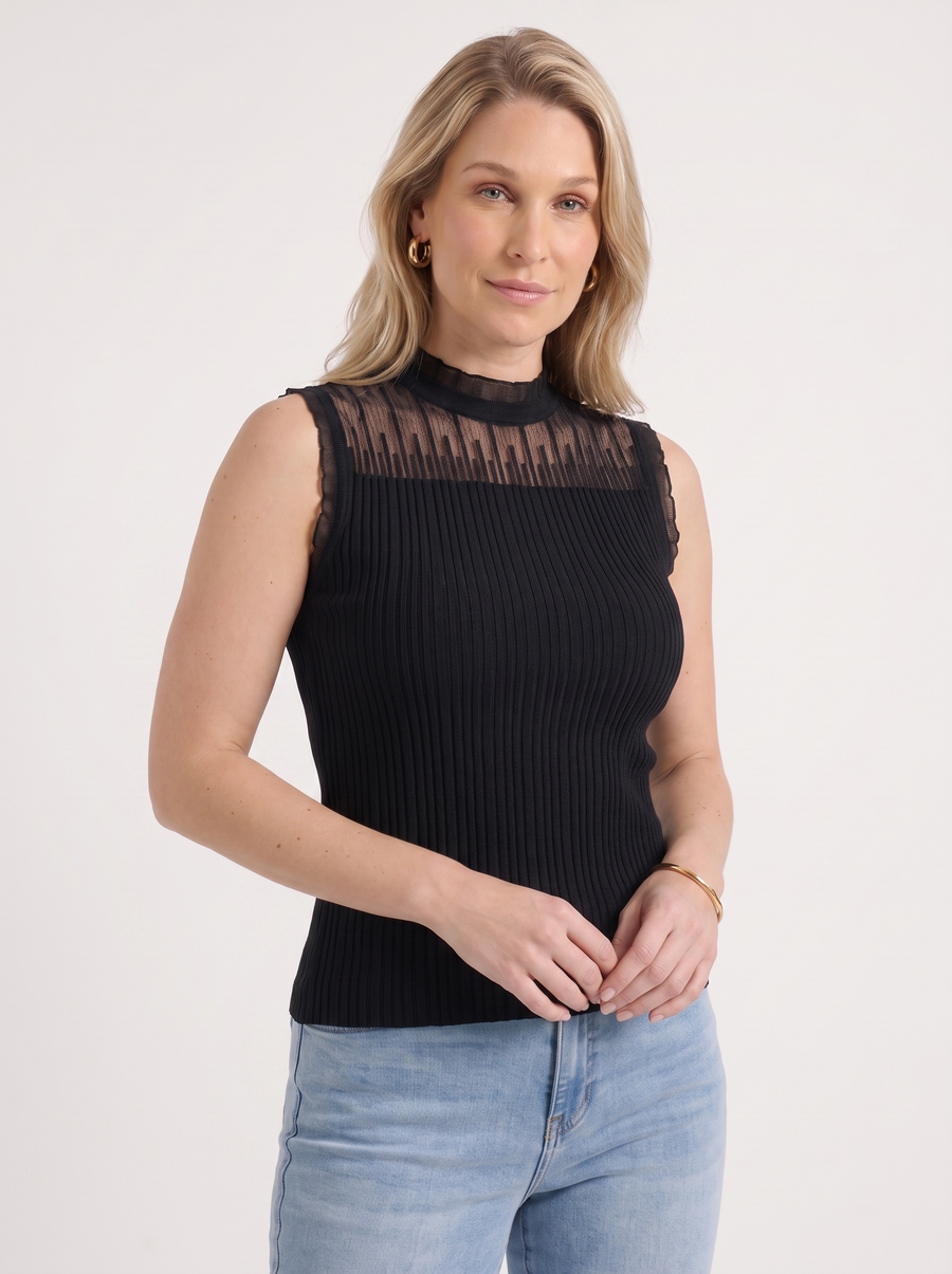 Lena Mesh Stand Collar Ribbed Top