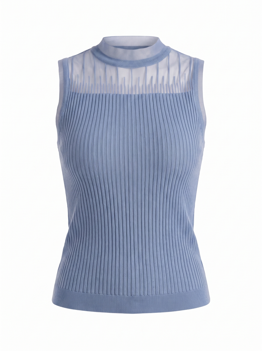 Lena Mesh Stand Collar Ribbed Top