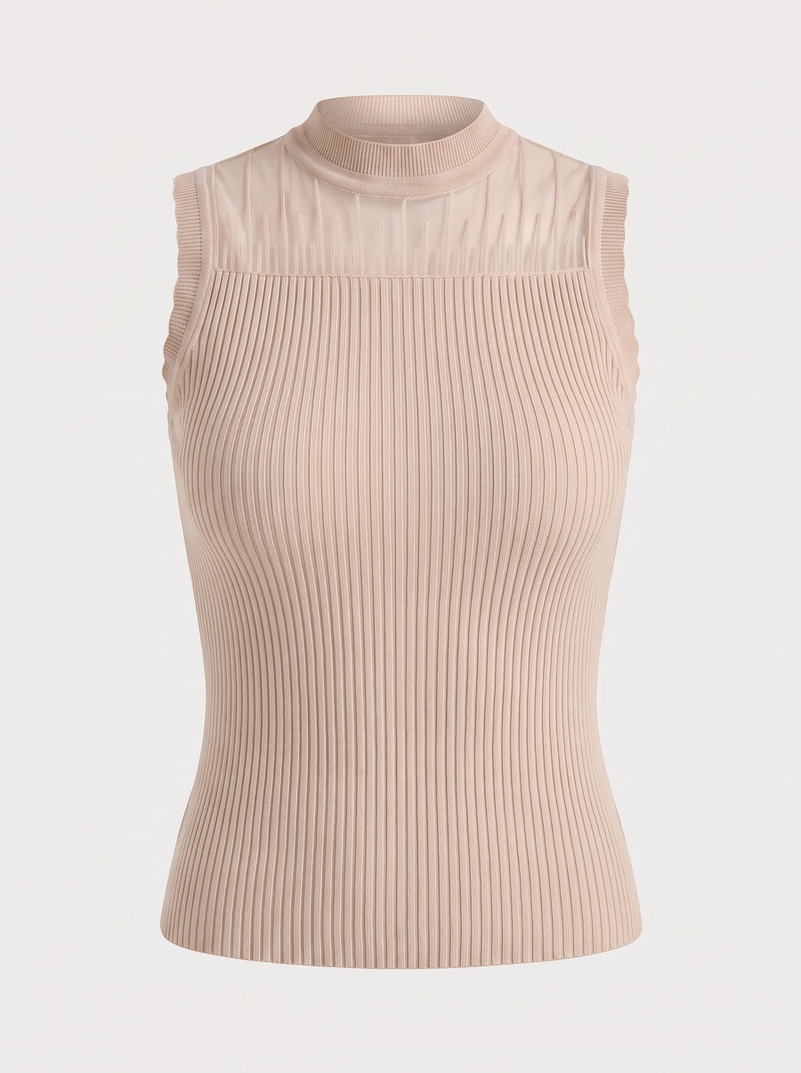 Lena Mesh Stand Collar Ribbed Top
