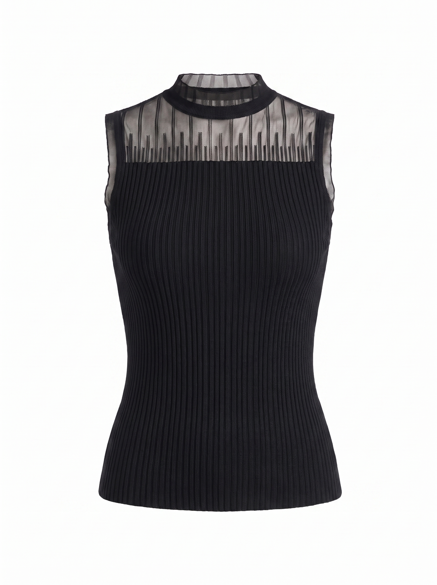 Lena Mesh Stand Collar Ribbed Top