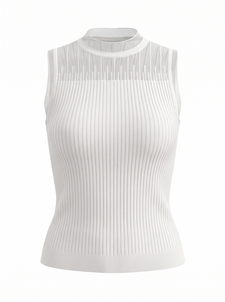 Lena Mesh Stand Collar Ribbed Top