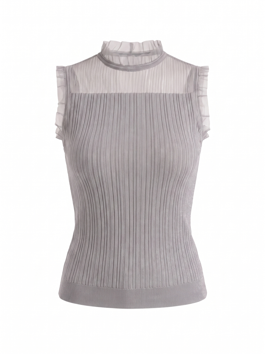 Lena Mesh Stand Collar Ribbed Top