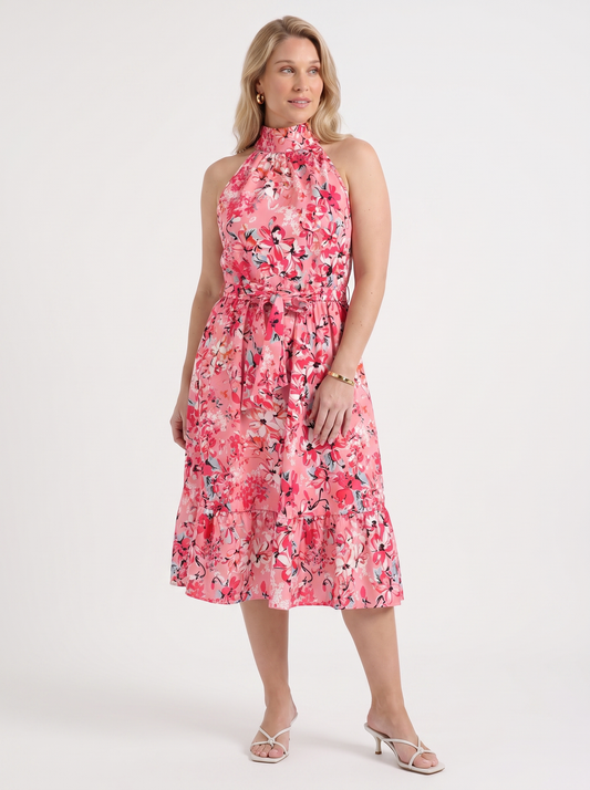 Brit Floral Stand Collar Sleeveless Midi Dress