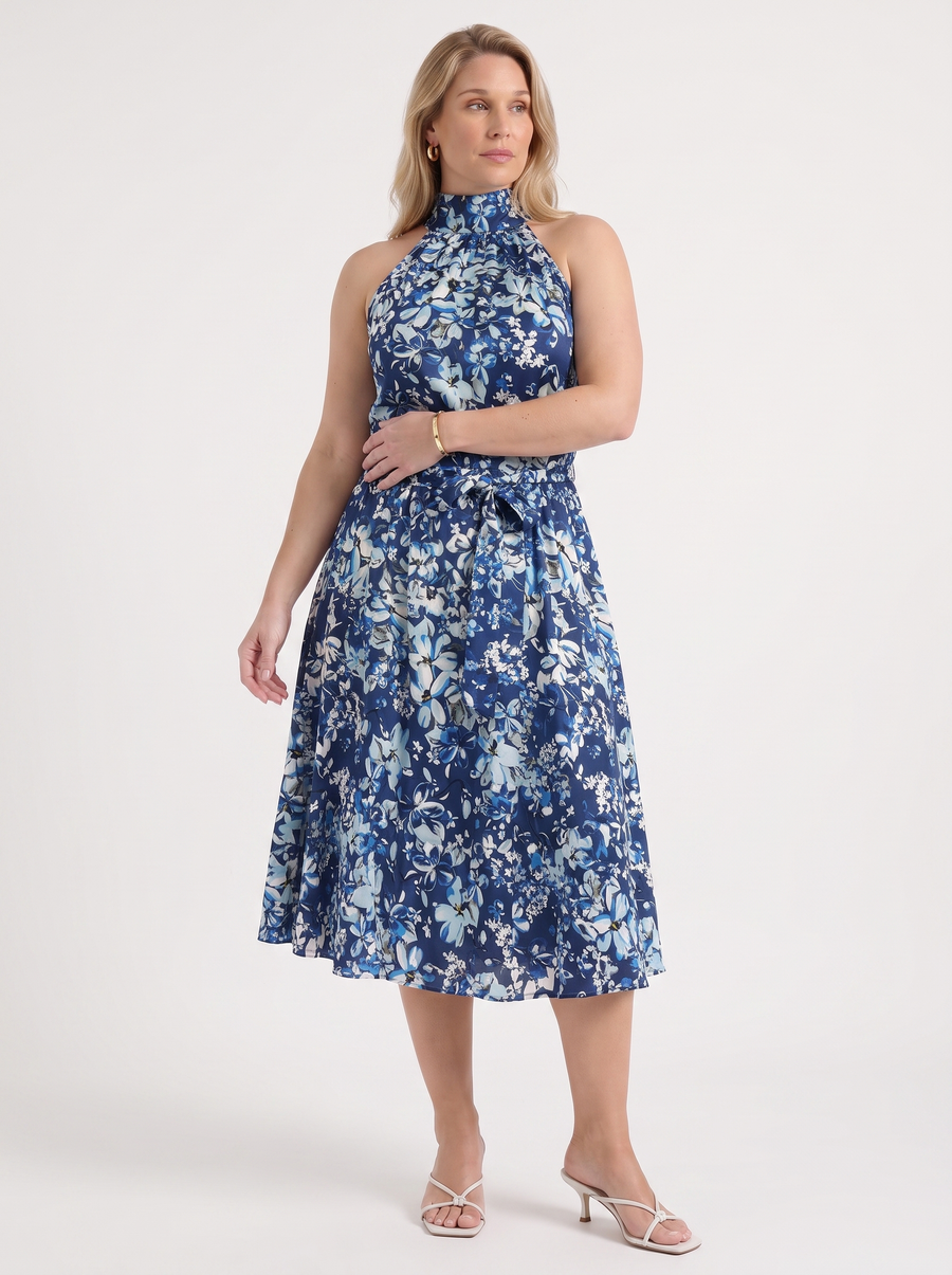 Brit Floral Stand Collar Sleeveless Midi Dress