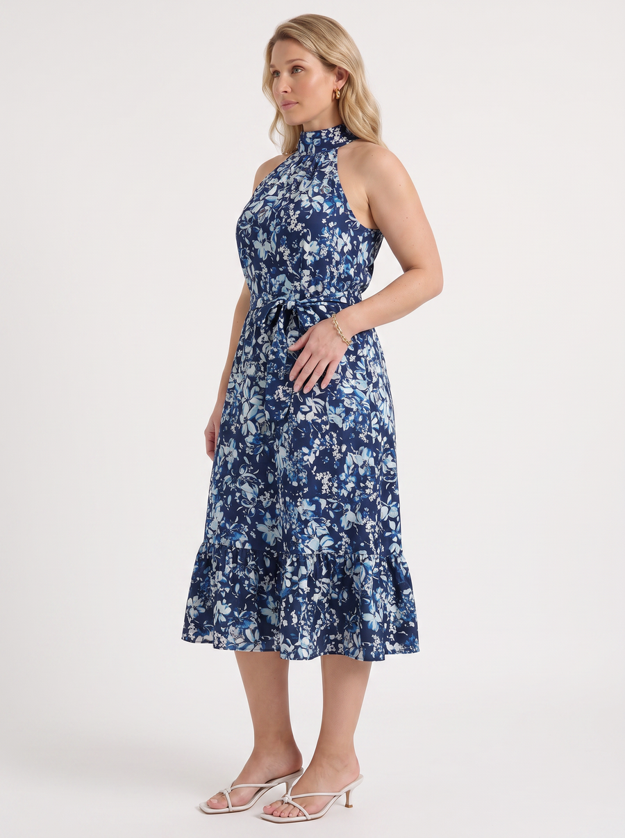 Brit Floral Stand Collar Sleeveless Midi Dress