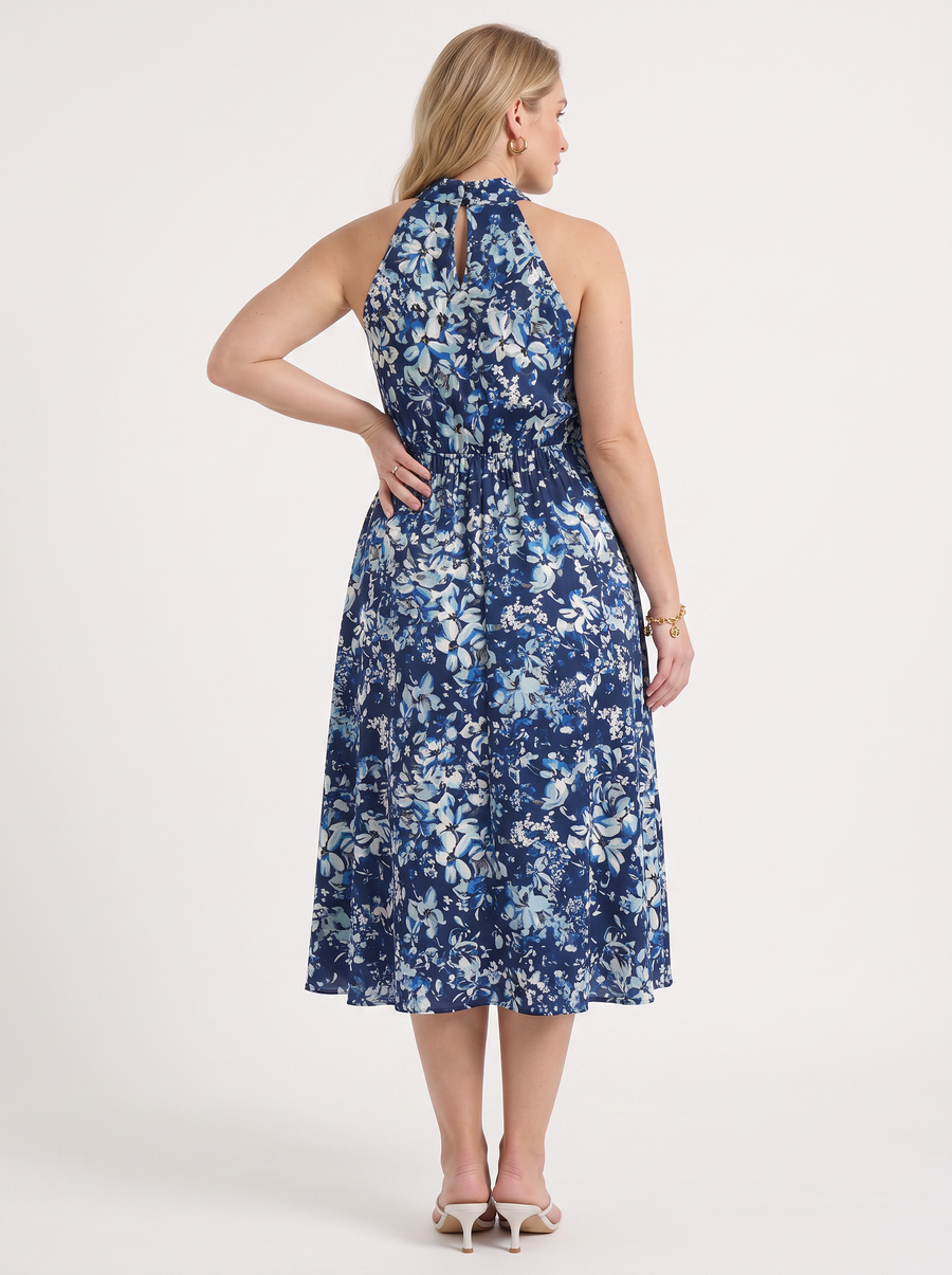 Brit Floral Stand Collar Sleeveless Midi Dress