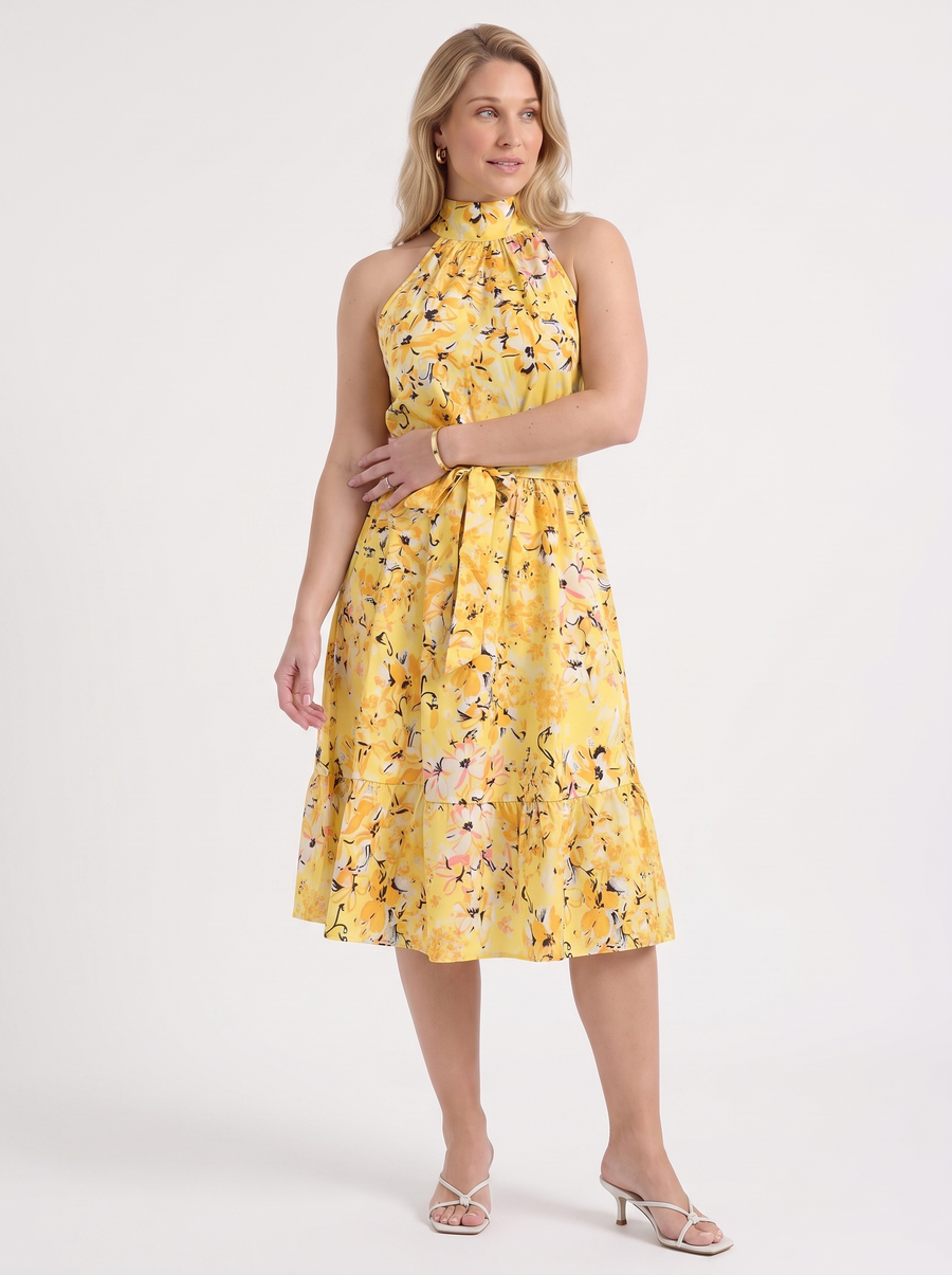 Brit Floral Stand Collar Sleeveless Midi Dress