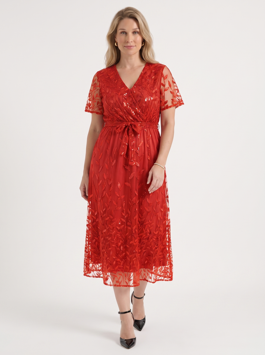 Tori Sequin Leaf Wrap Midi Dress
