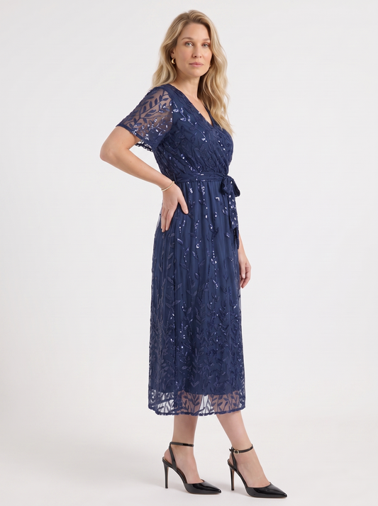 Tori Sequin Leaf Wrap Midi Dress