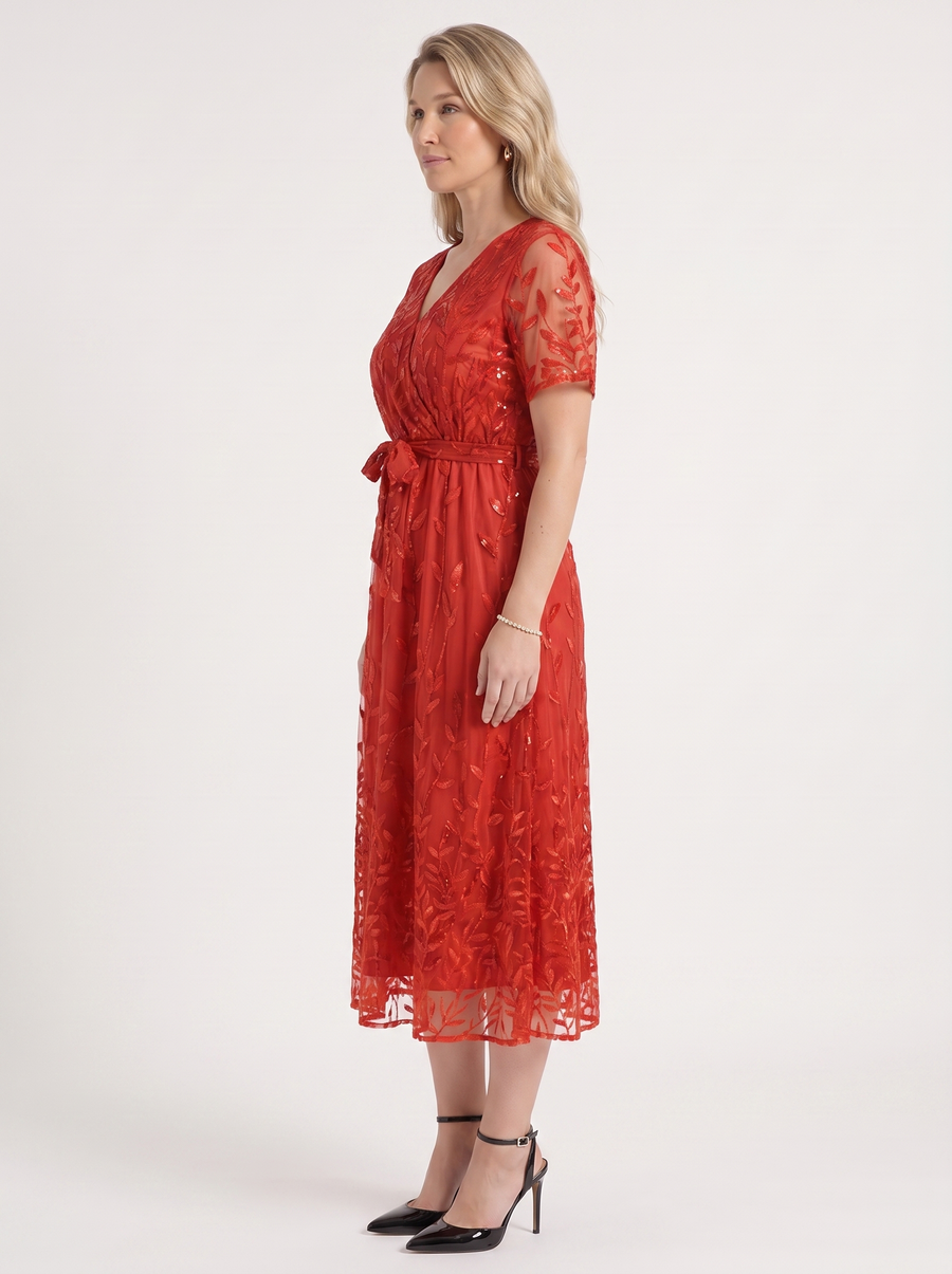Tori Sequin Leaf Wrap Midi Dress