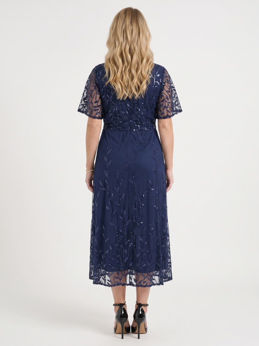 Tori Sequin Leaf Wrap Midi Dress