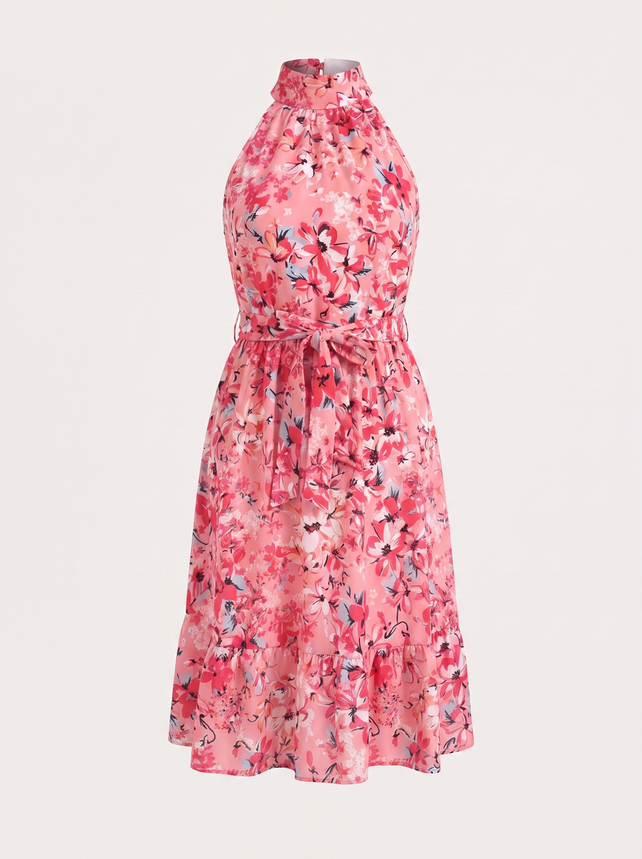 Brit Floral Stand Collar Sleeveless Midi Dress