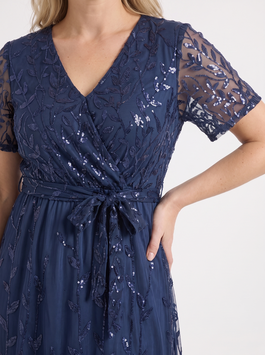 Tori Sequin Leaf Wrap Midi Dress