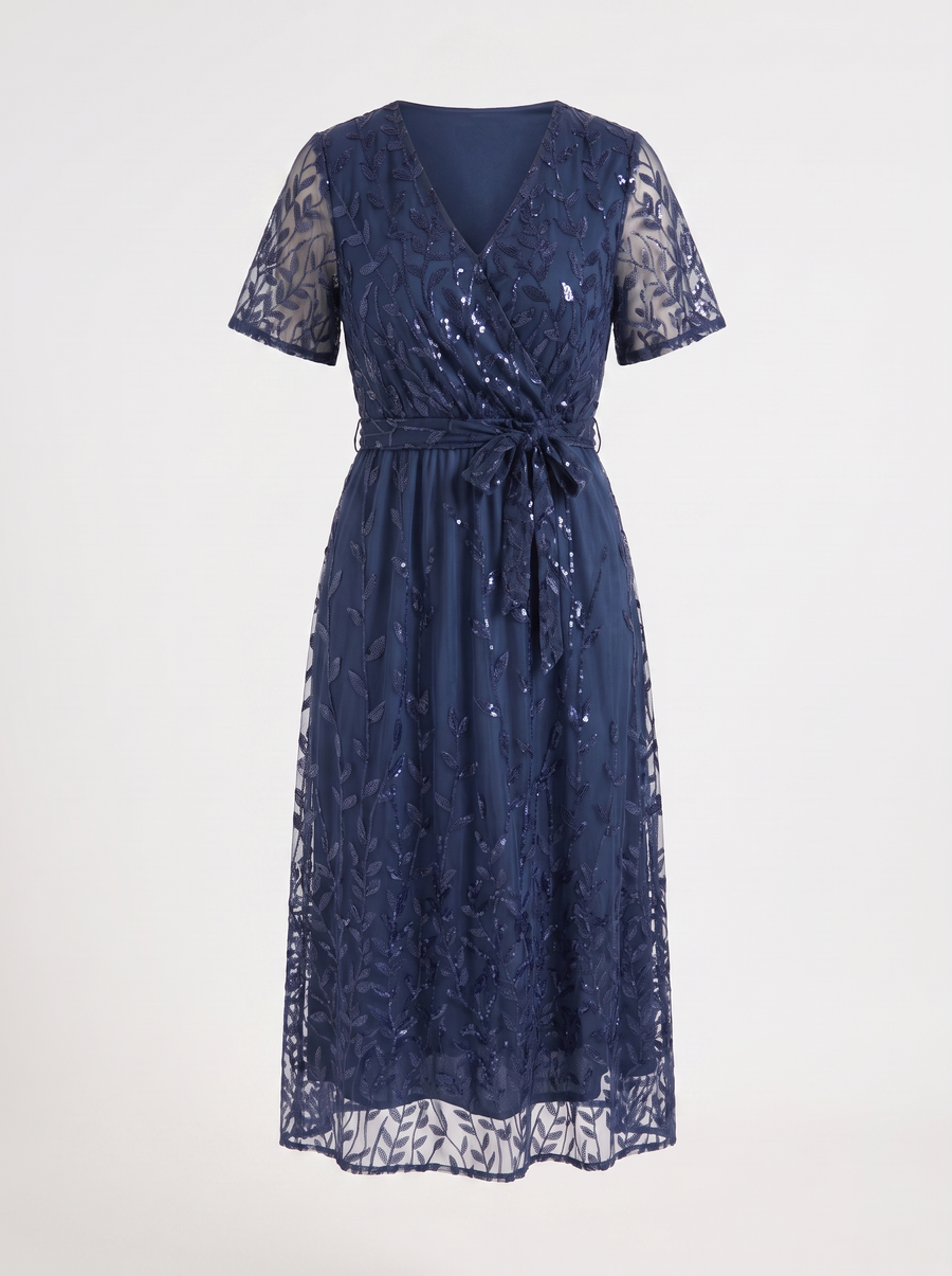 Tori Sequin Leaf Wrap Midi Dress